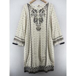 BEECHTREE Dress Womens 12 Botanical Embroidery Tunic Long Sleeve Boho Off White